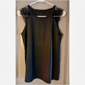 Black Ribbed Tank Top with Lace Shoulder Sleeves